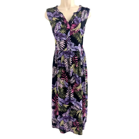 Croft & Barrow Purple Green Palm Print Smocked Bodice Midi Maxi Dress Size XL - Picture 1 of 8